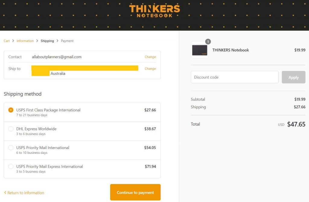 thinkers notebook cost of international shipping
