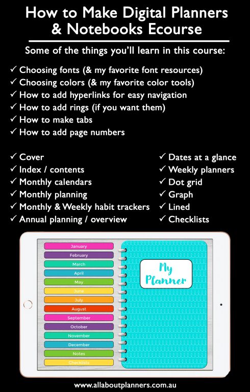 how to make digital planners and notebooks ecourse all about planners goodnotes cover weekly spread monthly calendar dot grid bullet journal video tutorial