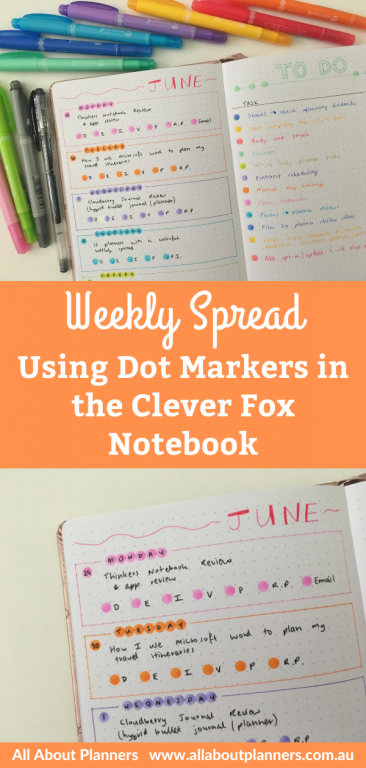 weekly spread using dot markers in the clever fox notebook bullet journal dot grid minimalist bujo layout ideas favorite planning supplies rainbow tombow play color dot marker review