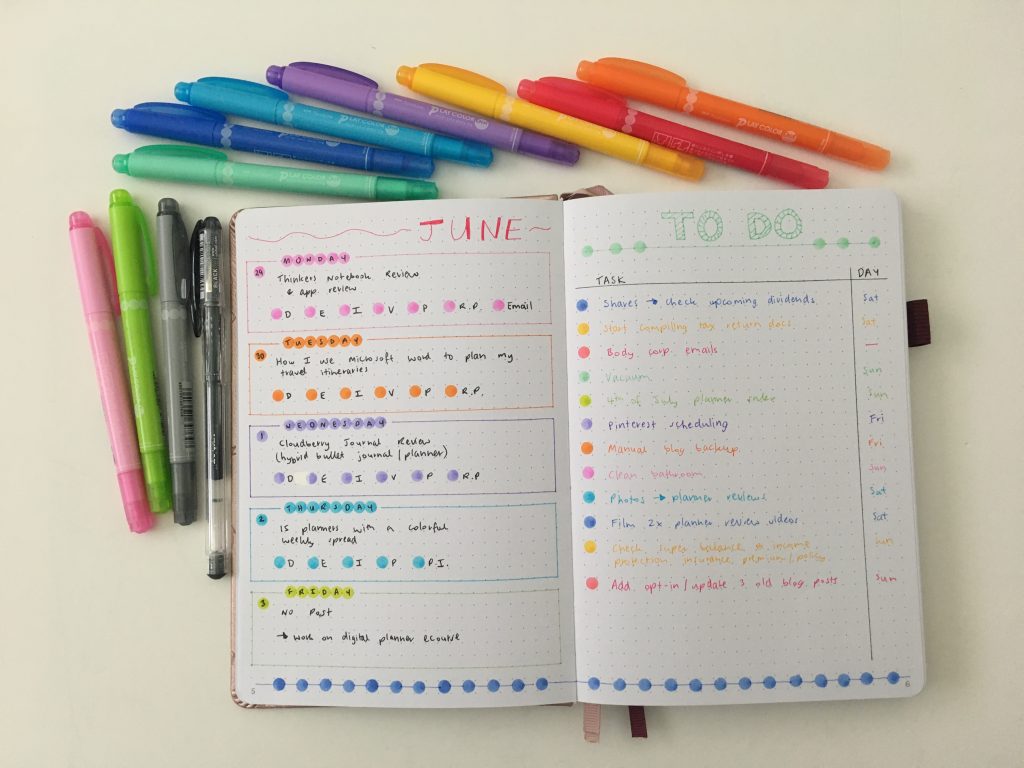 weekly spread using dot markers rainbow tombow dashboard weekly spread 5 day week checklist minimalist colorful clever fox notebook
