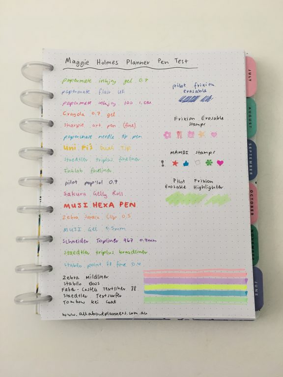 maggie holmes discbound planner review undated dot grid pen testing highlighters fine tip gel ballpoint stamps ghosting bleed through
