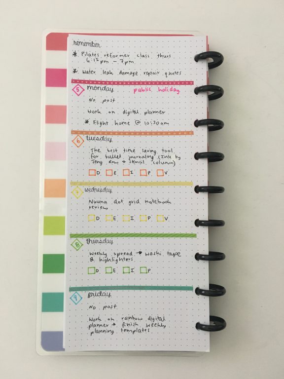 happy planner weekly spread bullet journal simple rainbow colorful black stamps minimal easy thin washi tape staedtler pens