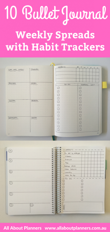 bullet journal weekly spread habit tracker monday week start dot grid simple quick easy functional inspiration layouts horizontal