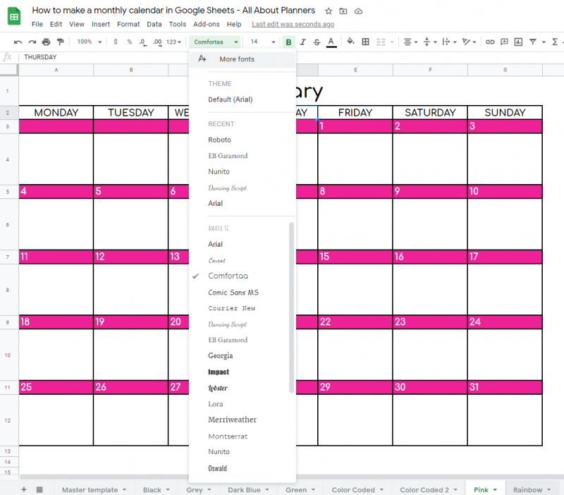 How to make a monthly calendar printable using Google Sheets (online ...
