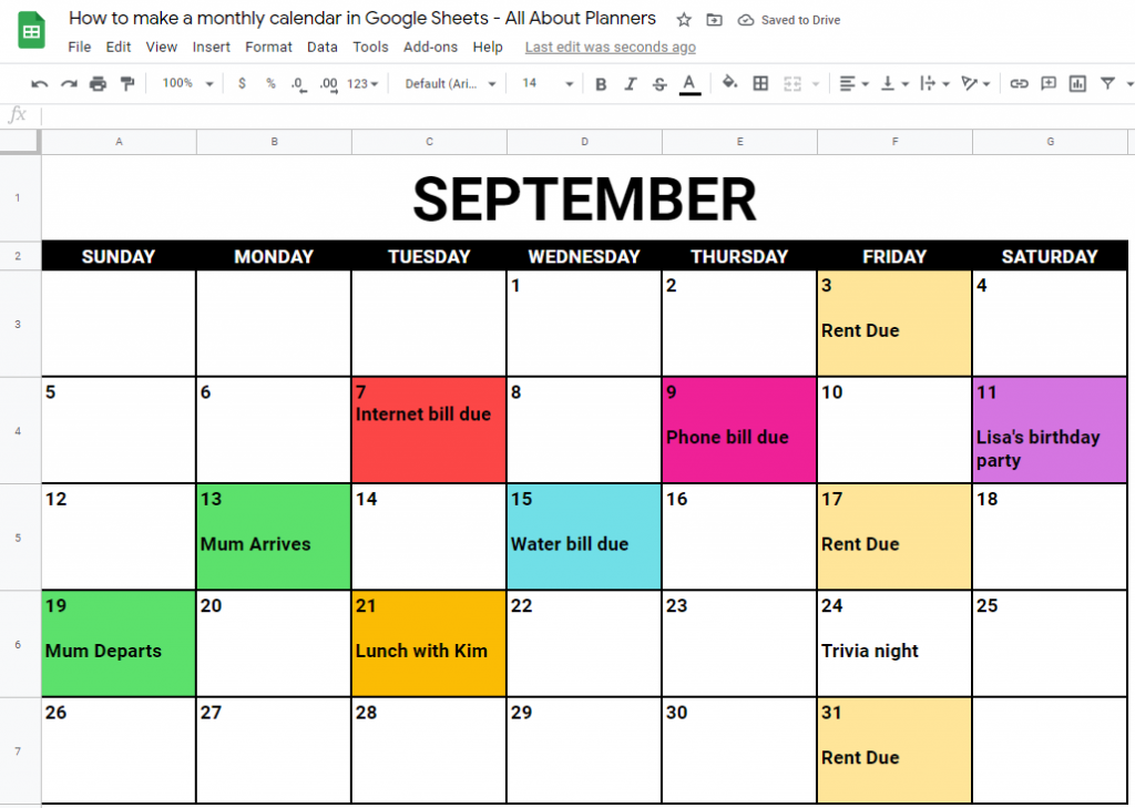monthly calendar google sheets template tutorial color coded schedule digital planning free online tool