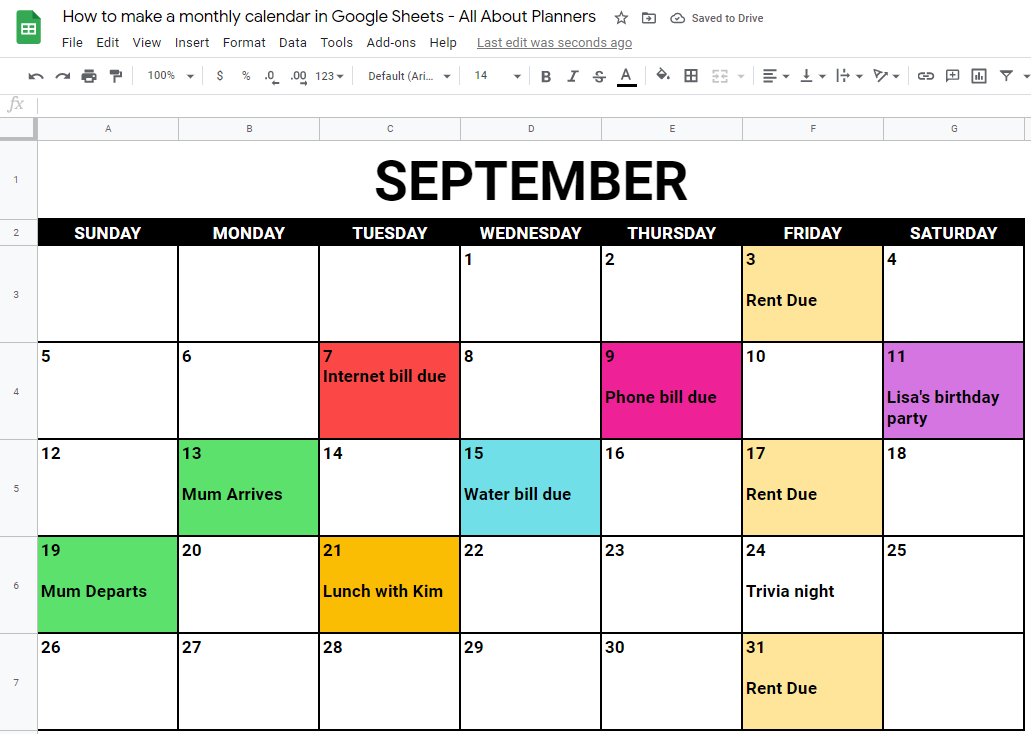 Monthly Calendar Template Google Sheets