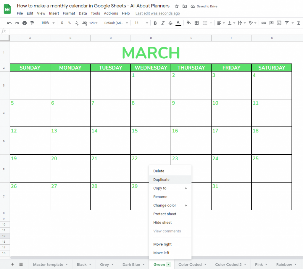 How to make a monthly calendar printable using Google Sheets