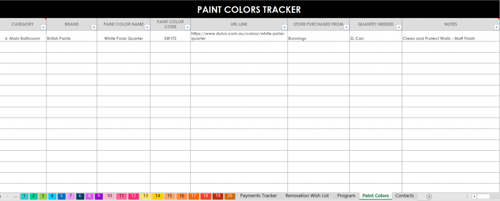 paint colors tracker home renovation spreadsheet remodel flipping houses budget expenses by room wish list contacts quotes