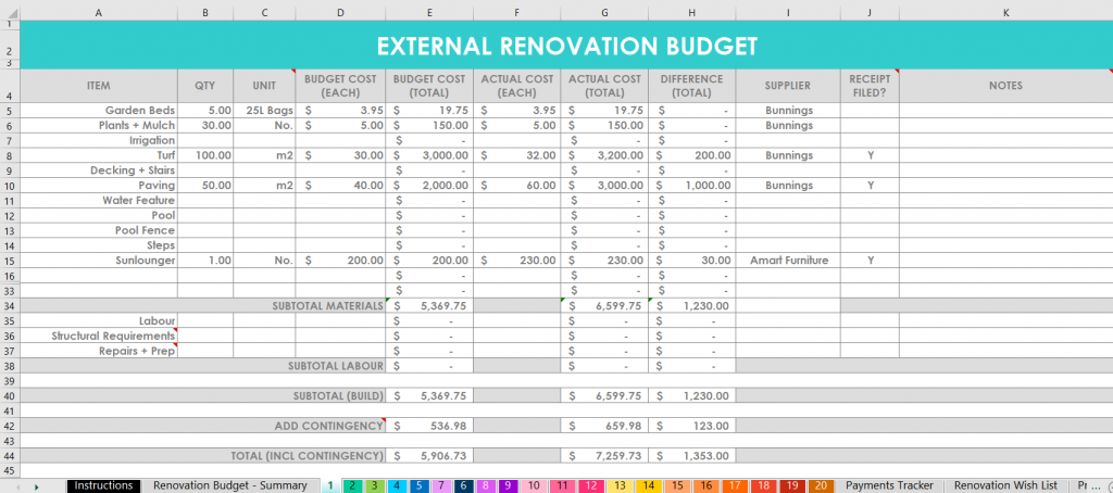 How I Use Excel To Organize A Home Renovation Budget Spending Program Paint Colors Contacts Quotes