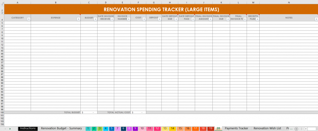renovation spending tracker budget actual itemised cost by room or zone color coded automatic formula project planner