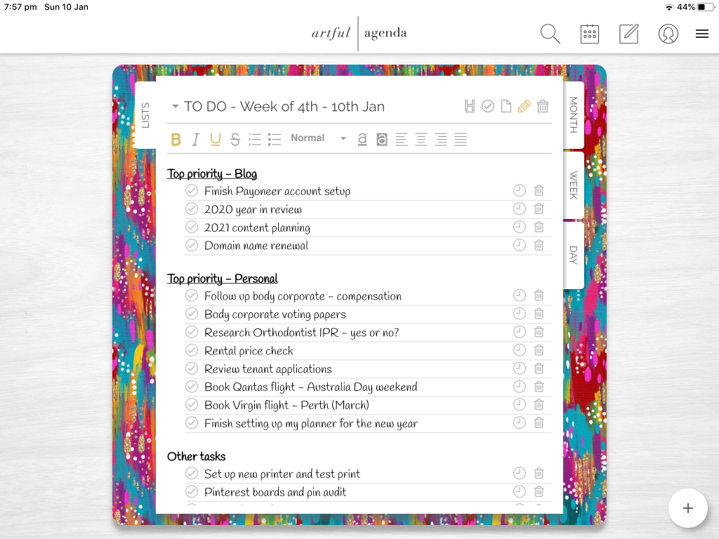 artful agenda app for ipad lists section horizontal layout