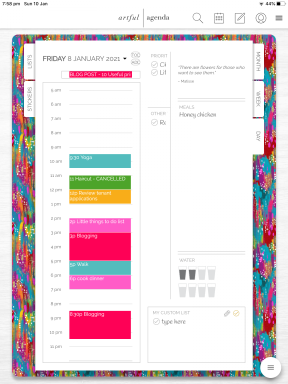 artful agenda daily planner view portrait page orientation in the app