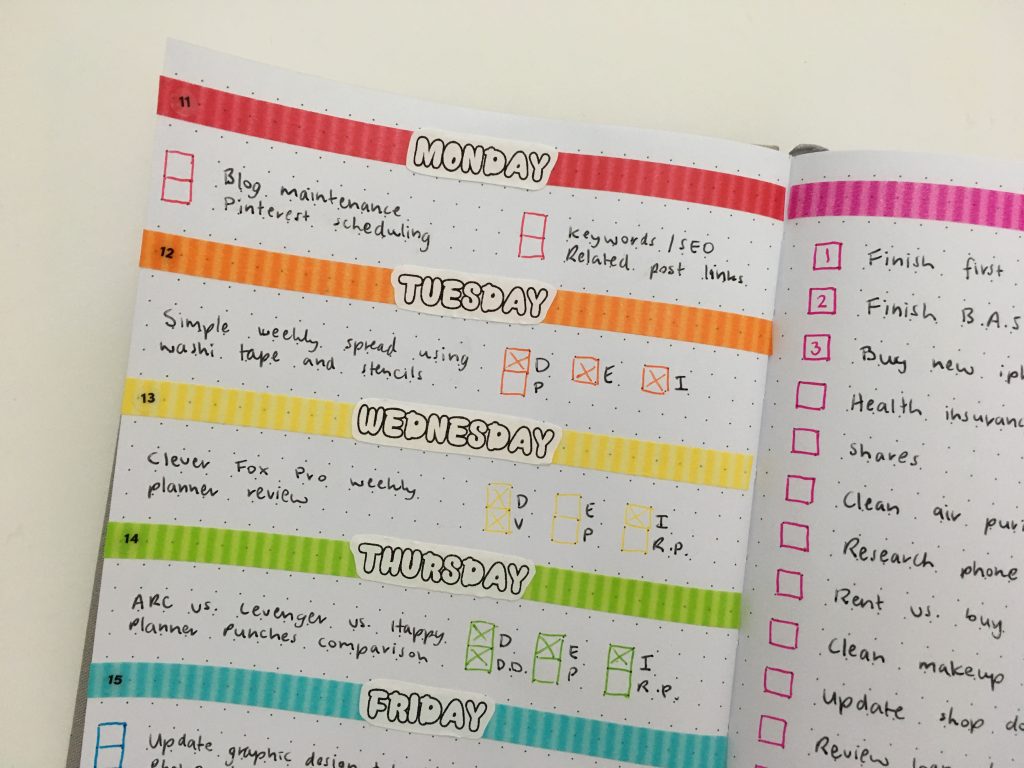 rainbow weekly spread bullet journal doodlebug washi tape stripes days of the week stickers made in the poooliprint inkless pocket printer