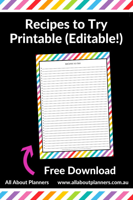 recipes to try printable editable pdf favorite meals list recipe organizer rainbow all about planners
