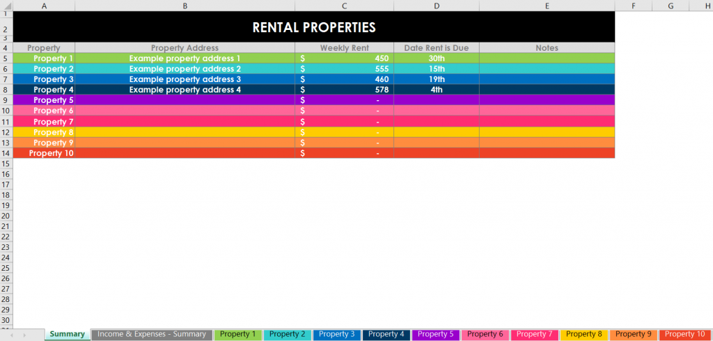 landlord rental property management spreadsheets for up to 10 investment properties compare performance track income expenses simple