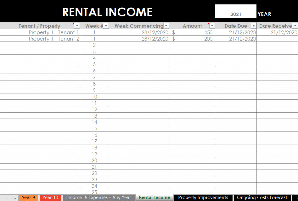 rental income tracker investment property landlord management spreadsheets for excel or google sheets