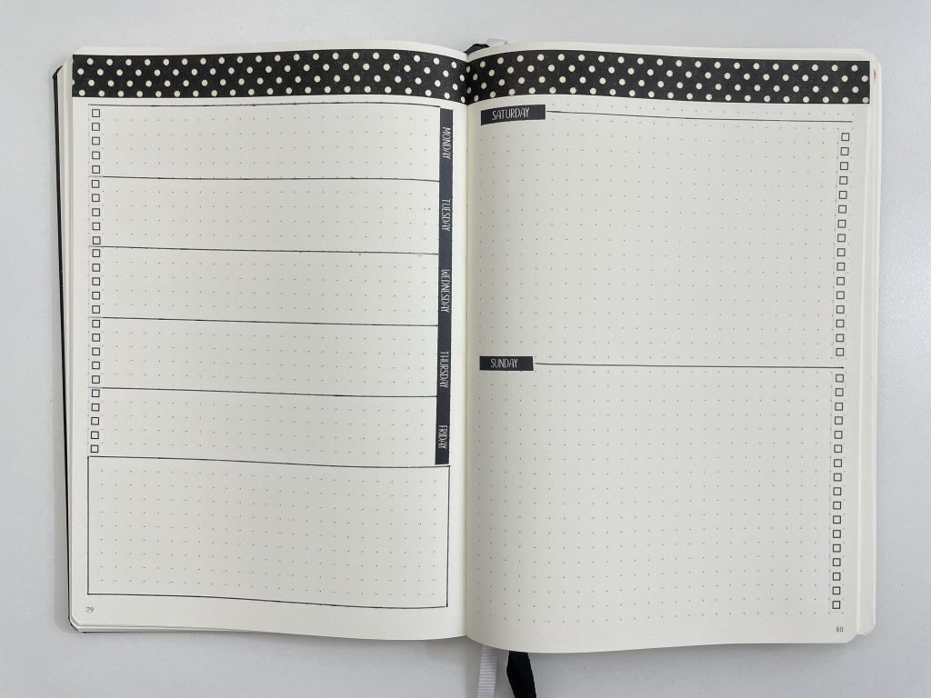 Sunshine sticker co washi tape weekly spread in the leuchtturm dot grid notebook functional minimalist black and white only quick easy