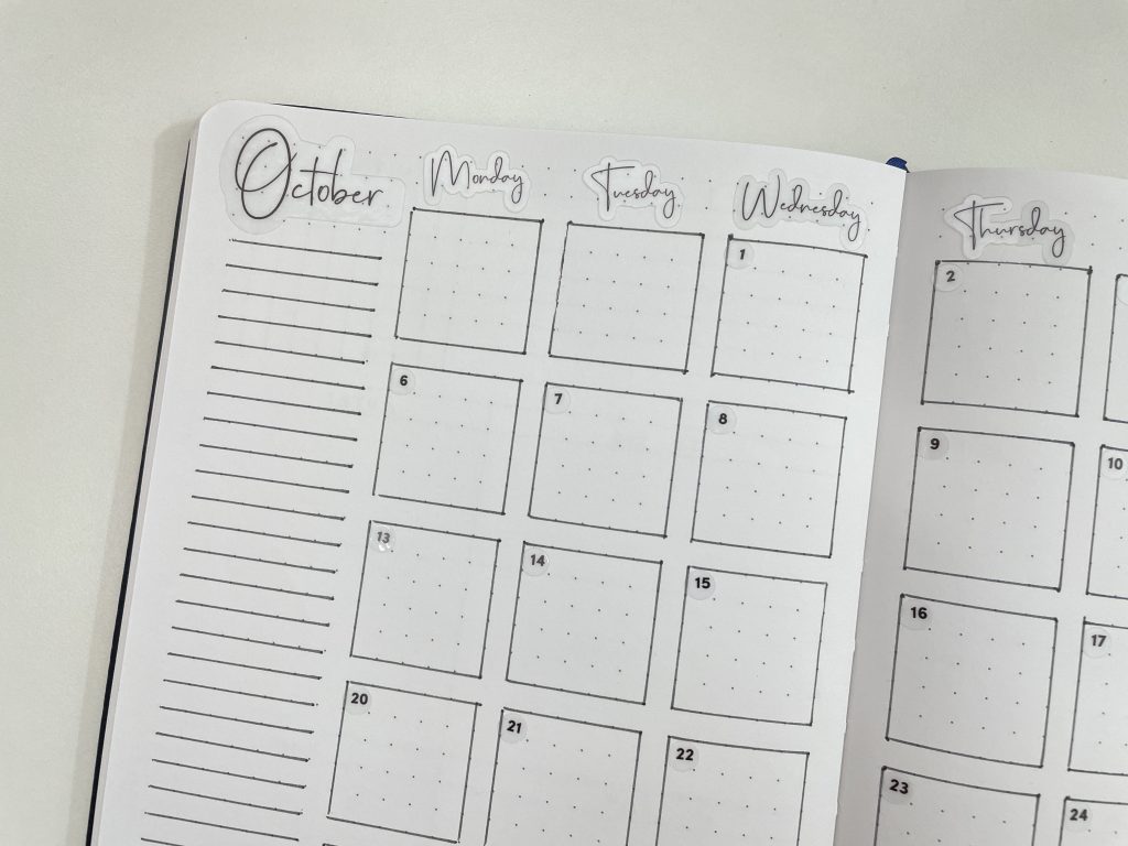 bullet journal monthly spread 2 page calendar bujo minimalist quick simple easy kmart days of the week stickers lined and unlined-min