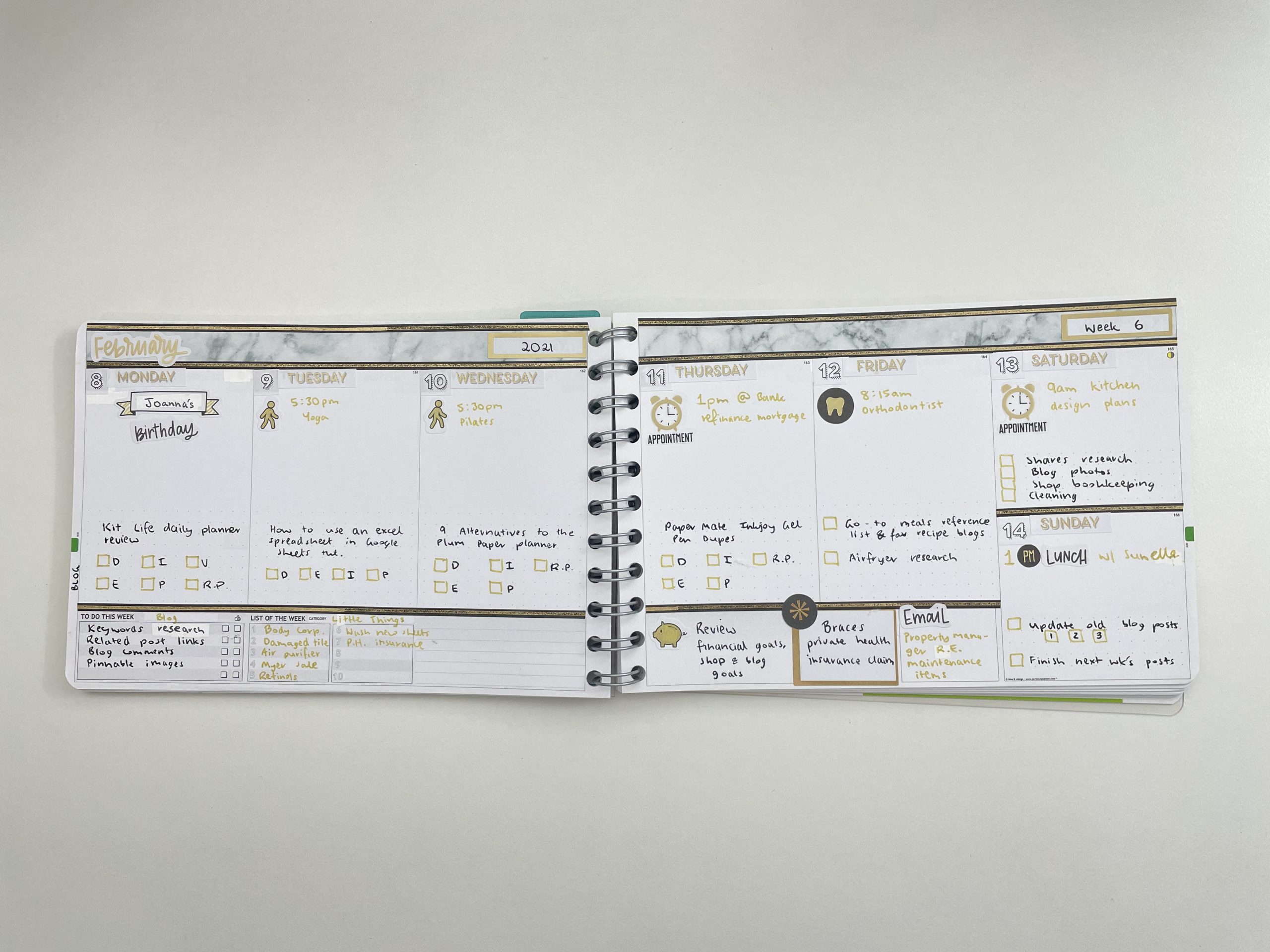 personal planner weekly spread icon stickers black and gold theme simple quick easy notes review