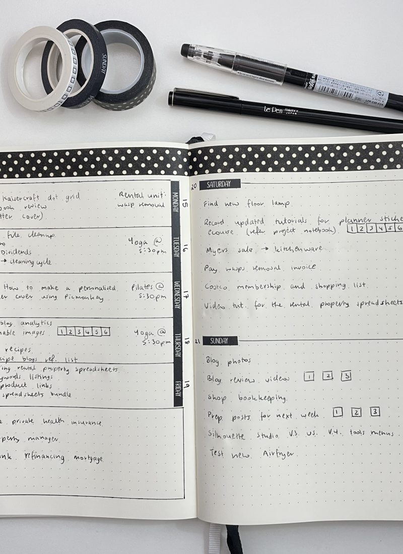 sunshine sticker co washi tape bullet journal weekly spread quick simple easy black and white minimalist theme