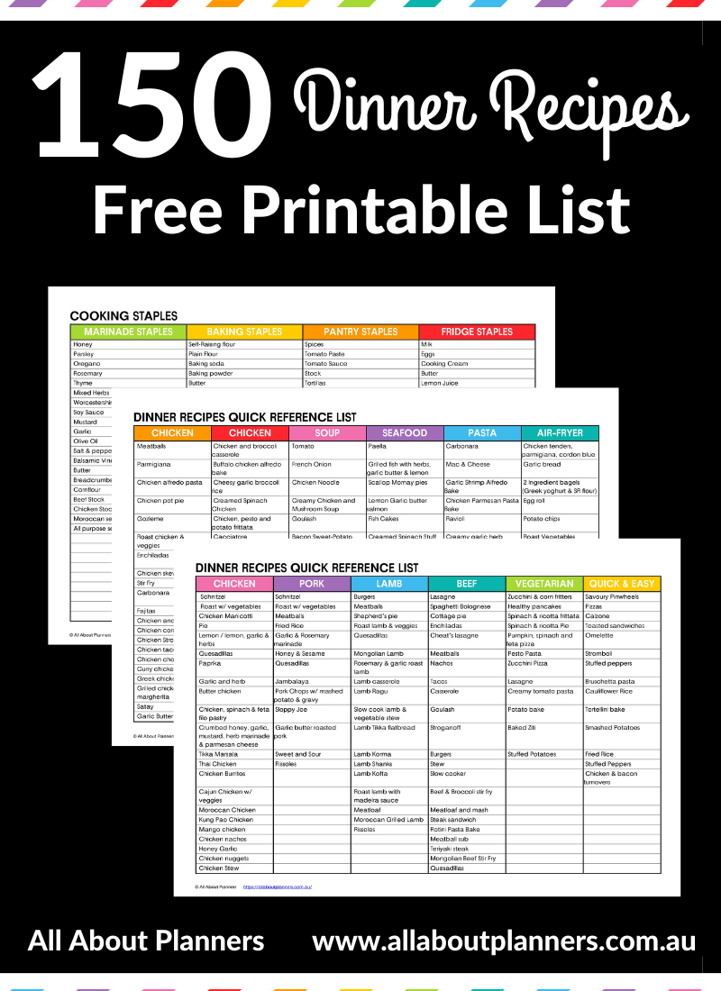 150 dinner recipes free printable list make meal planning ideas tips cooking all about planners free download