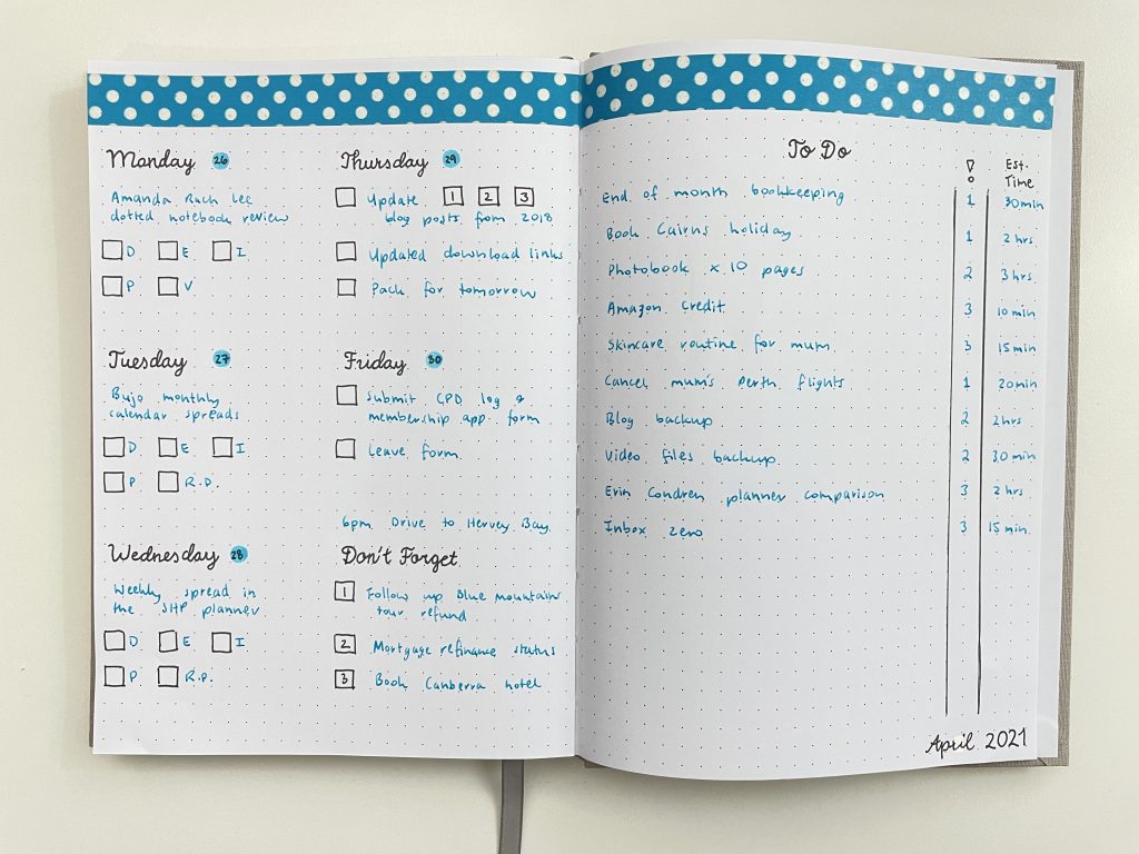 black and blue weekly spread bullet journal 5 day week priority to do list francheville dot grid notebook