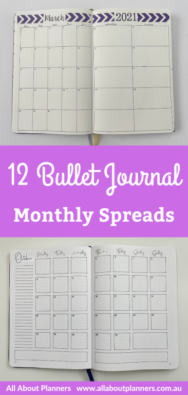bullet journal monthly spreads calendar vertical list boxes washi tape colorful work personal family quick simple lined unlined