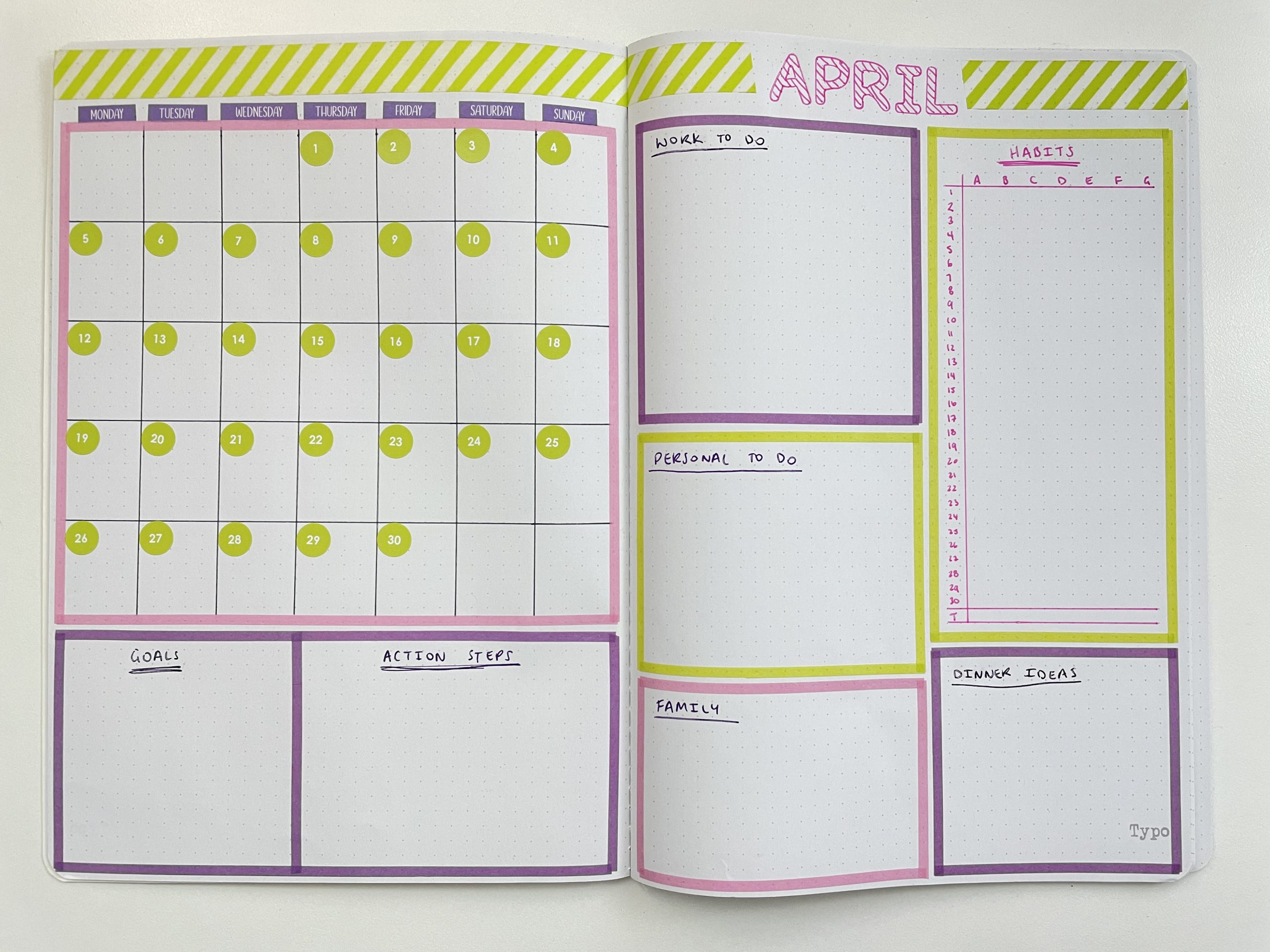 erin condren monthly date dot stickers bullet journal spread thin washi tape pink purple lime green stencils