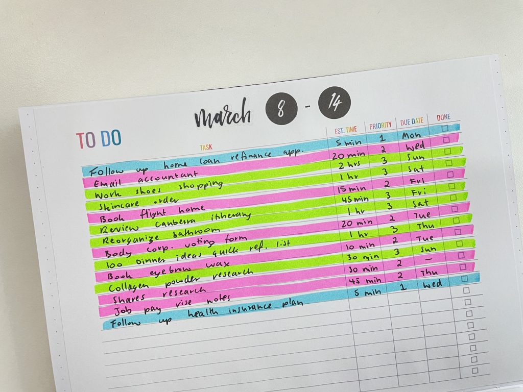 how to organize your to do list priorities due date estimated time checklist color coded highlighters resize printable