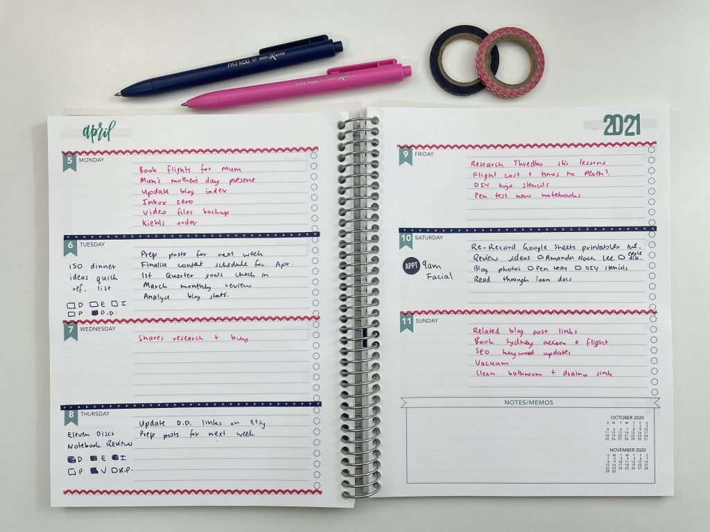 navy pink teal weekly spread shp planners review monday week start how to use an expired planner tips