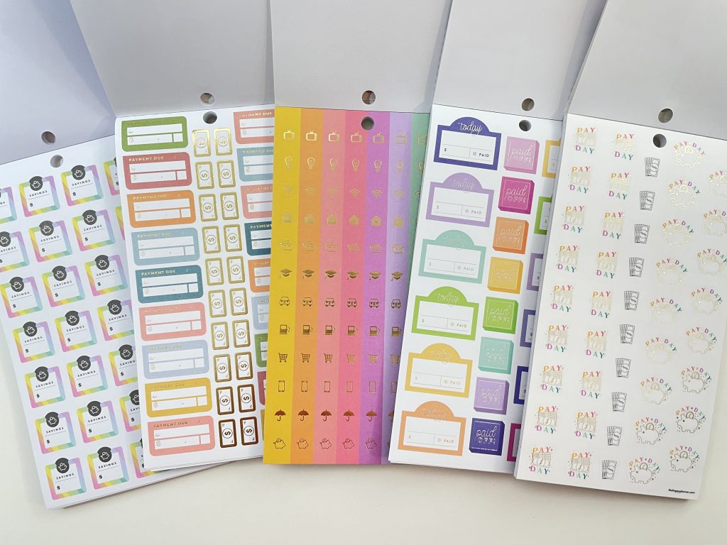 happy planner budget sticker books rainbow icons pay day savings no spend gold foil bill due-min