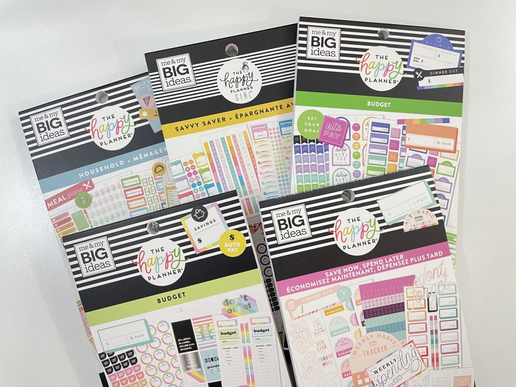 happy planner budget sticker books savings no spend bill due icons functional labels sidebar vertical rainbow-min