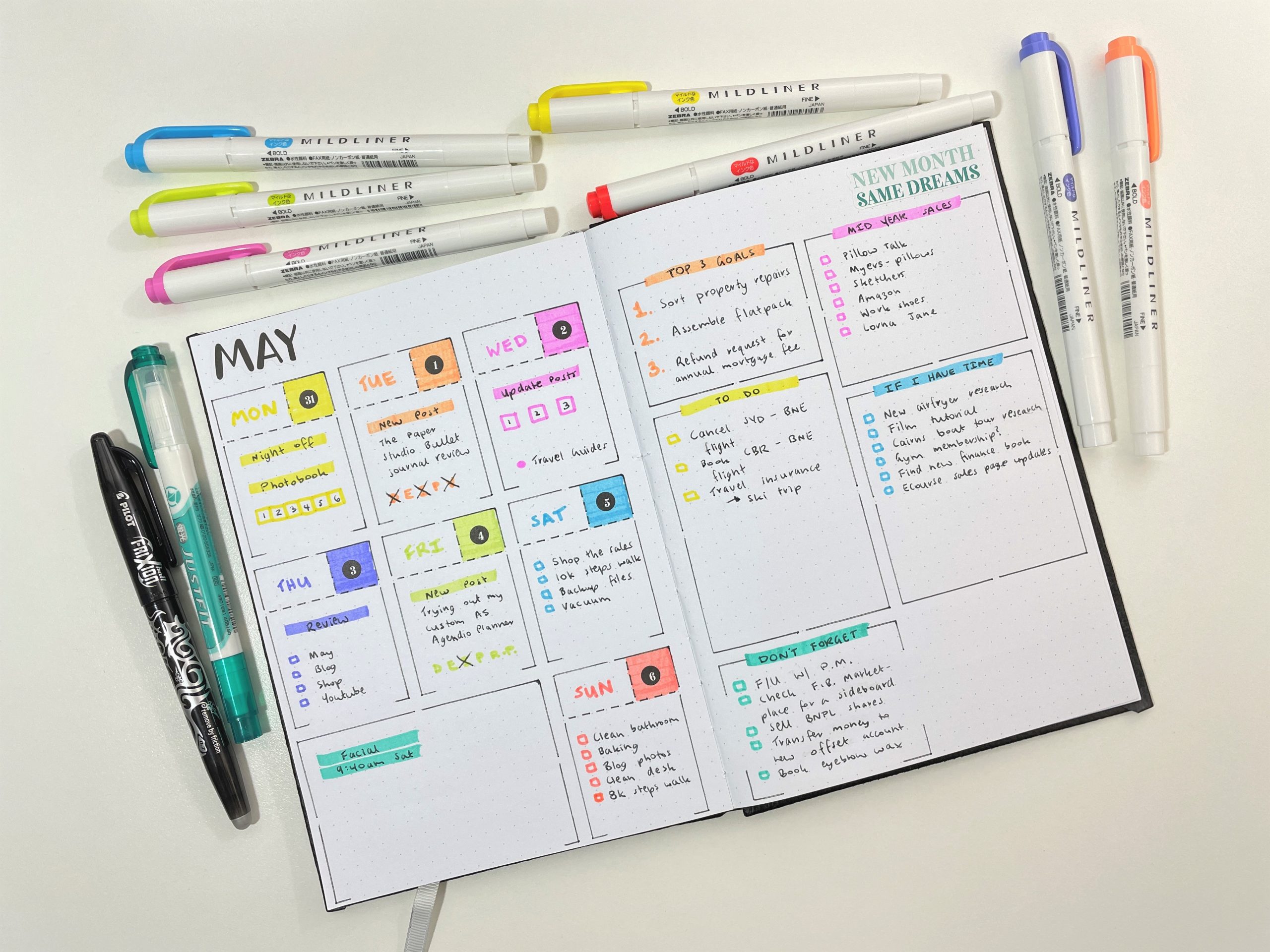 speedy stencils weekly spread bullet journaling rainbow monday week start dashboard categorised to do lists highlighters quick simple minimalist