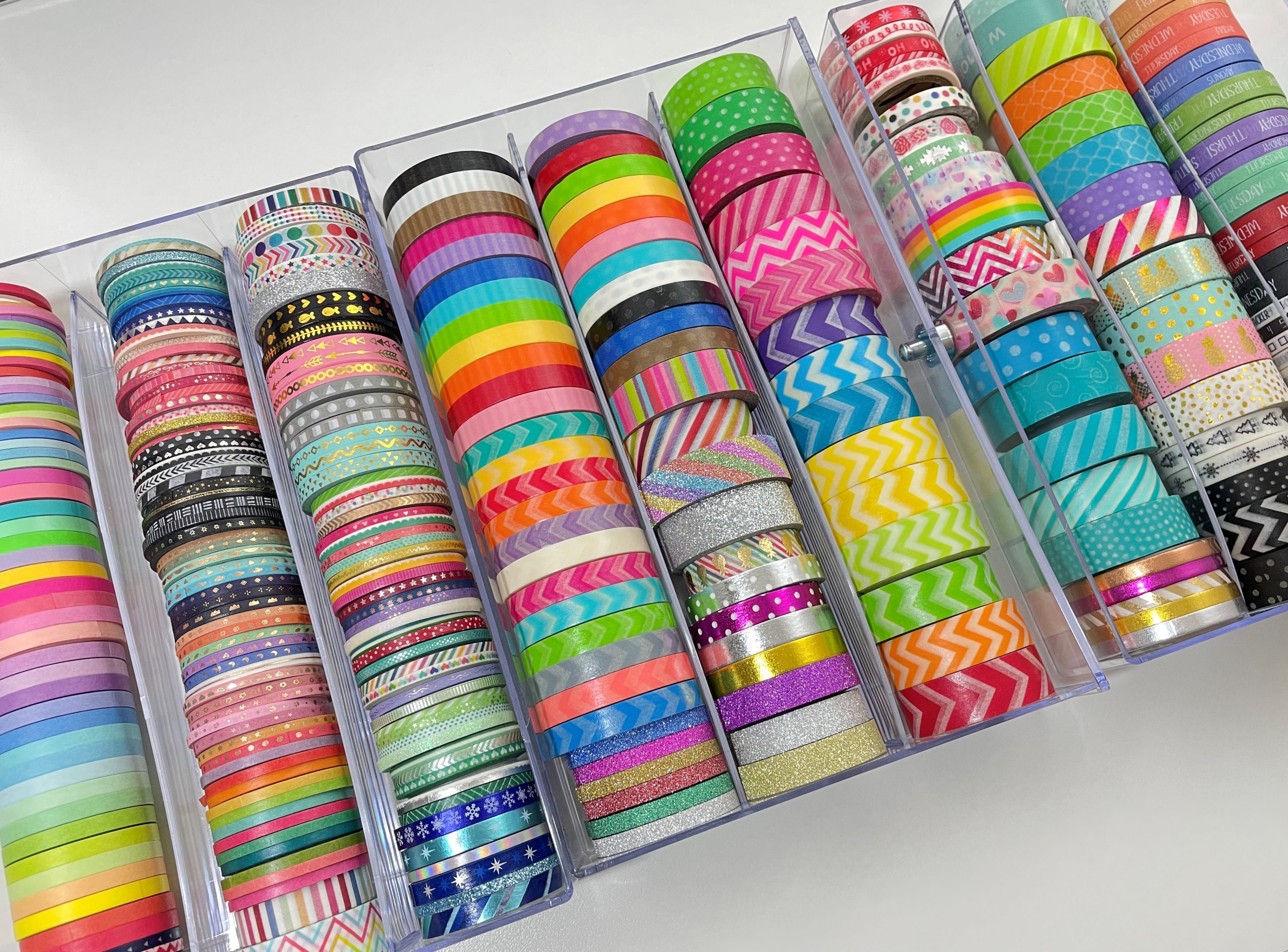 washi tape collection rainbow thin skinny washi tape chevron polka dots doodlebug carefully crafted recollections drawers how to store washi haul 3mm 5mm 15mm