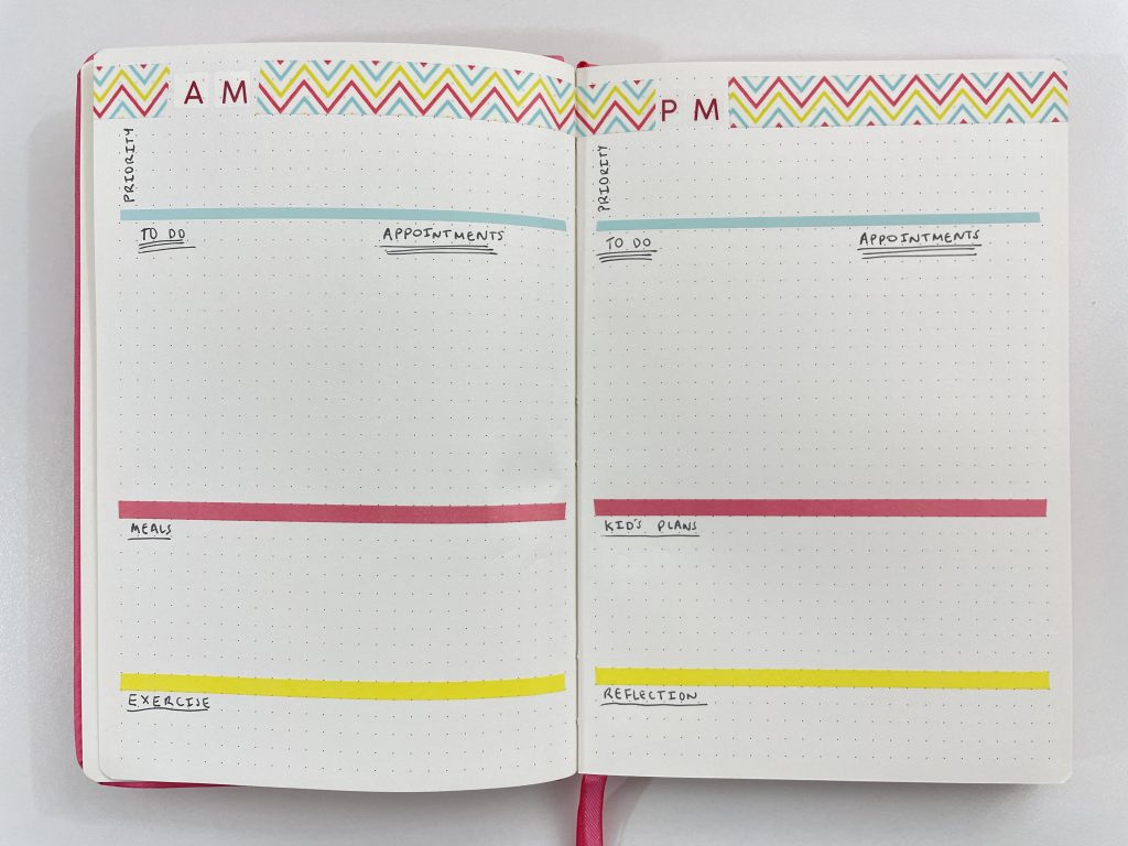 bullet journal 2 page daily spread keep work and personal in the same planner washi tape pastel to do appointments meals exercise