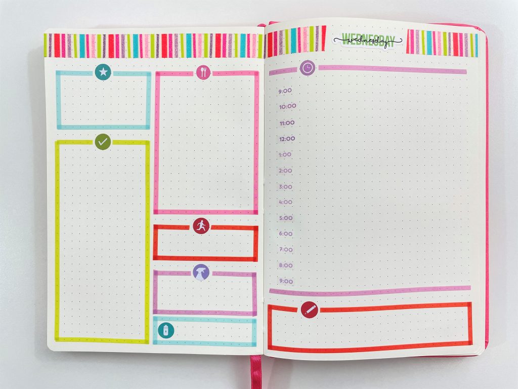 bullet journal daily spread 2 pages thin washi tape rainbow schedule icon stickers recollections all about planners inspiration layout ideas bujo