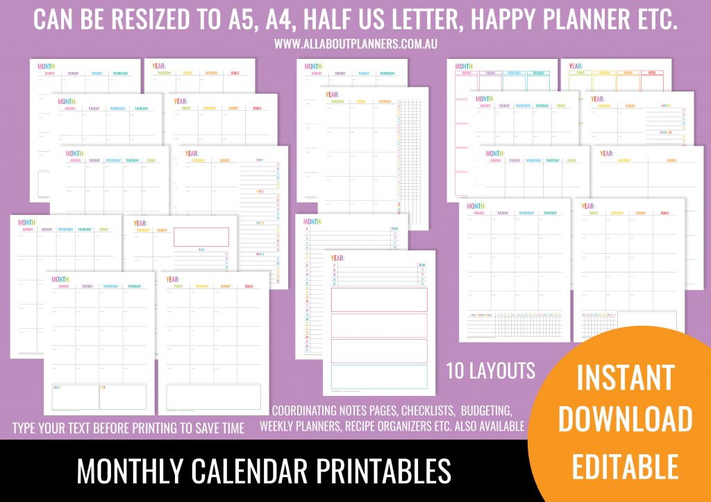 monthly calendar printables monday and sunday start rainbow editable pdf 2 pages