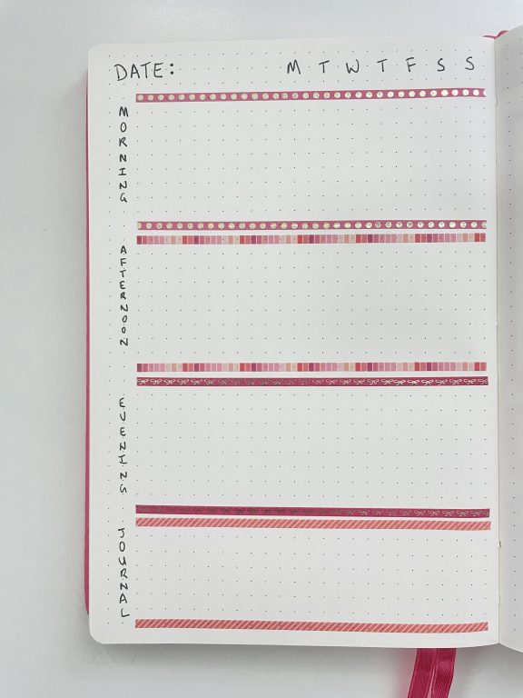 bullet journal day to a page layout ideas thin washi tape morning afternoon evening one day per page simple quick easy bujo inspiration tips
