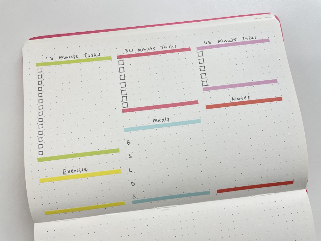 daily planner washi tape rainbow simple minimalist checklist 15 30 45 minute tasks exercise health notes meals day to a page layout ideas