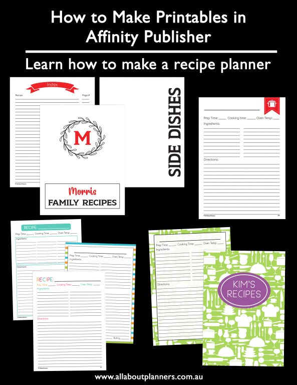 affinity publisher - how to make recipe printables tutorials videos ecourse all about planners