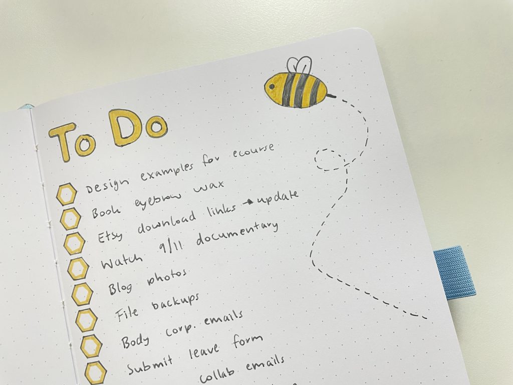 bee themed bullet journal to do list easy weekly spread hexagon zebra mildliner frixion erasable