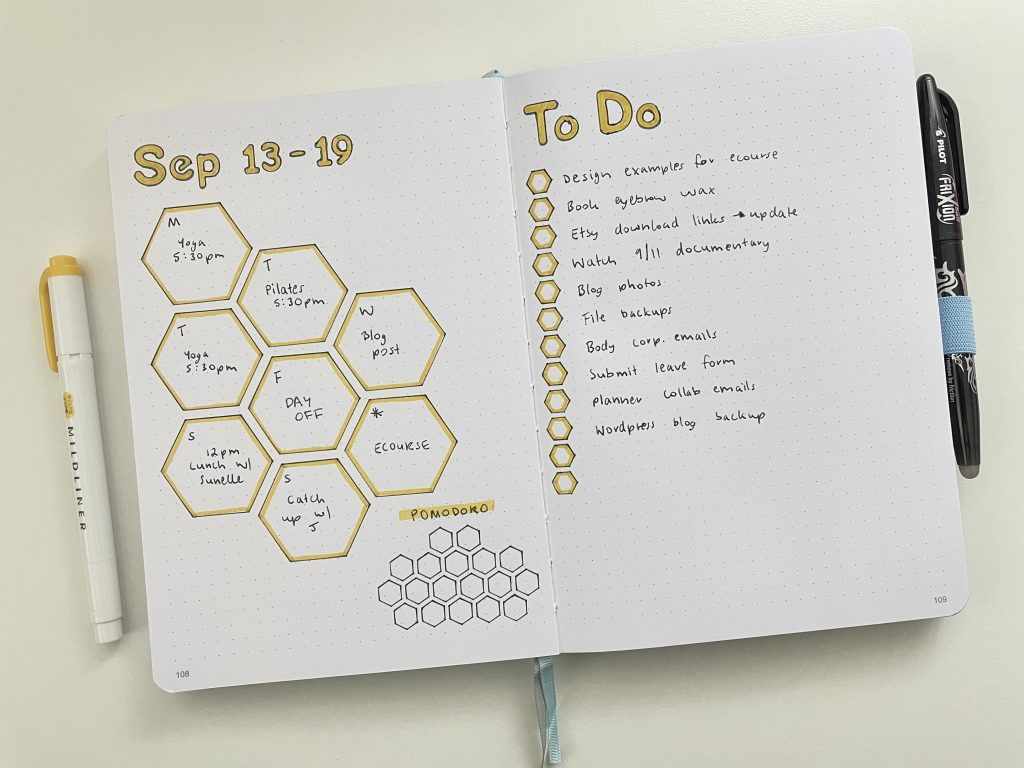 bee themed weekly spread all about planners hexagon simple quick easy bullet journal stencil