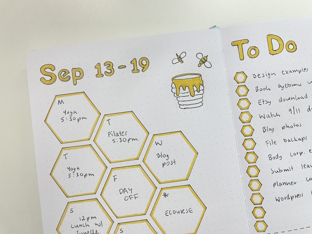 bee themed weekly spread honey quick easy hexagon stencil esc goods bujo notebook review