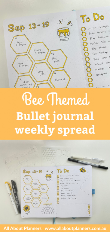 bullet journal bee themed weekly spread simple quick easy priority daily tasks hexagon stencil esc goods 160 gsm notebook dot grid