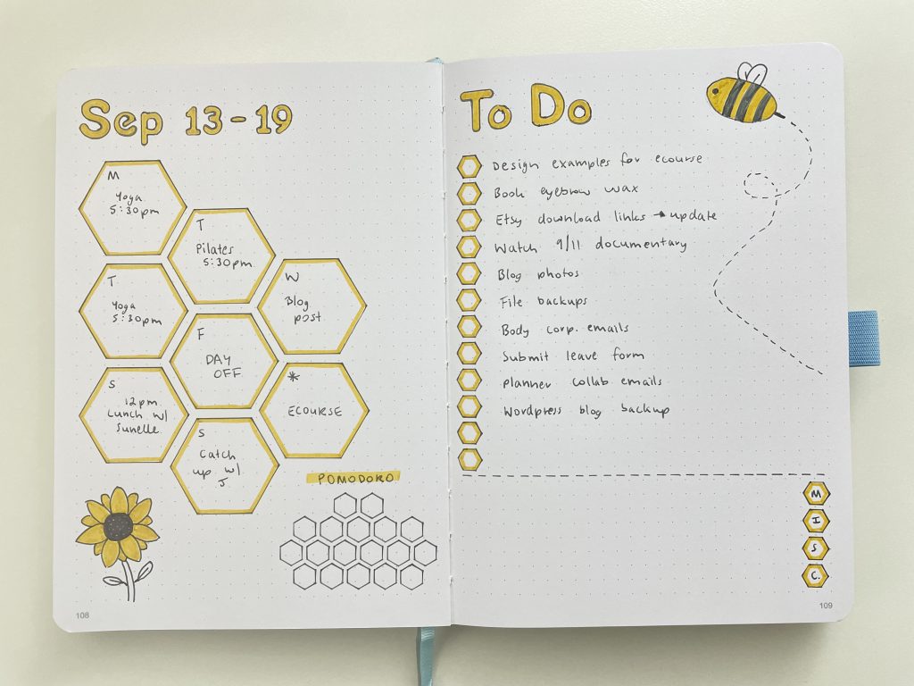 bullet journal honey bee theme weekly spread dot grid zebra mildliner hexagon stencil zicoto doodle layout