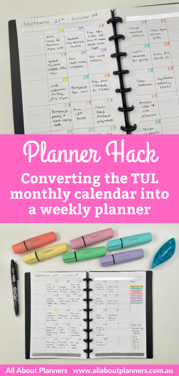 planner hack converting a monthly calendar into a weekly spread TUL discbound lined quick weekly spread inspiration layout ideas minimalist color coded simple