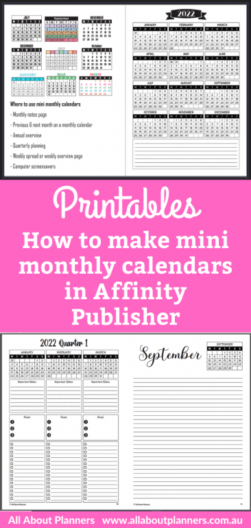 how to make mini monthly calendars in affinity publisher dates at a glance video tutorial step by step easy simple annual dates monthly planning all about planners-min