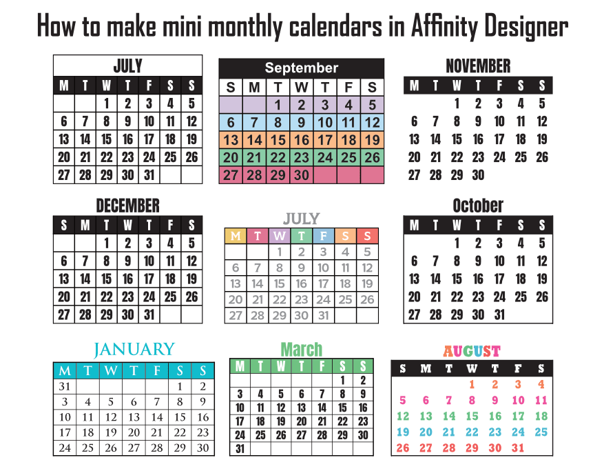 how to make mini monthly calendars in affinity publisher design examples tips video tutorial quick simple easy-min