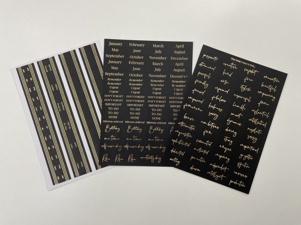 leaders in heels agenda review planner stickers gold foil black monthly tabs phrases reminders quotes-min