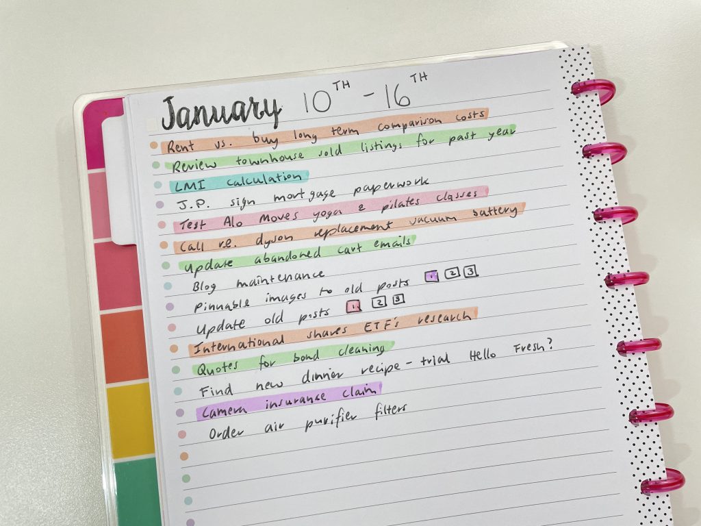 Weekly spread using happy planner refill inserts simple quick easy pastel color coding priority checklist best mambi products-min